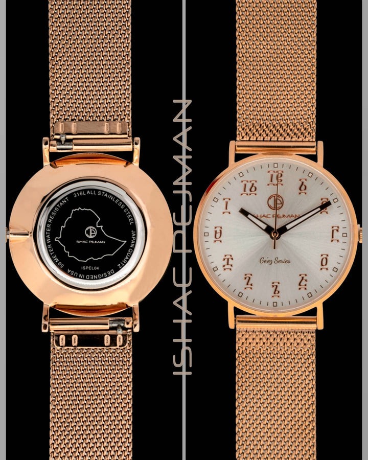 Ge'ez Lady Elegance's 5 ATM Quartz Watch (Metallic Silver Face/ Rose Gold strap Chain