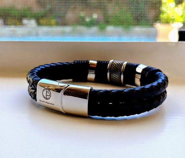 Gentleman Band, Genuine Leather and Stainless Steel, Black Silver