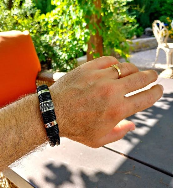 Gentleman Band, Genuine Leather and Stainless Steel, Black Silver