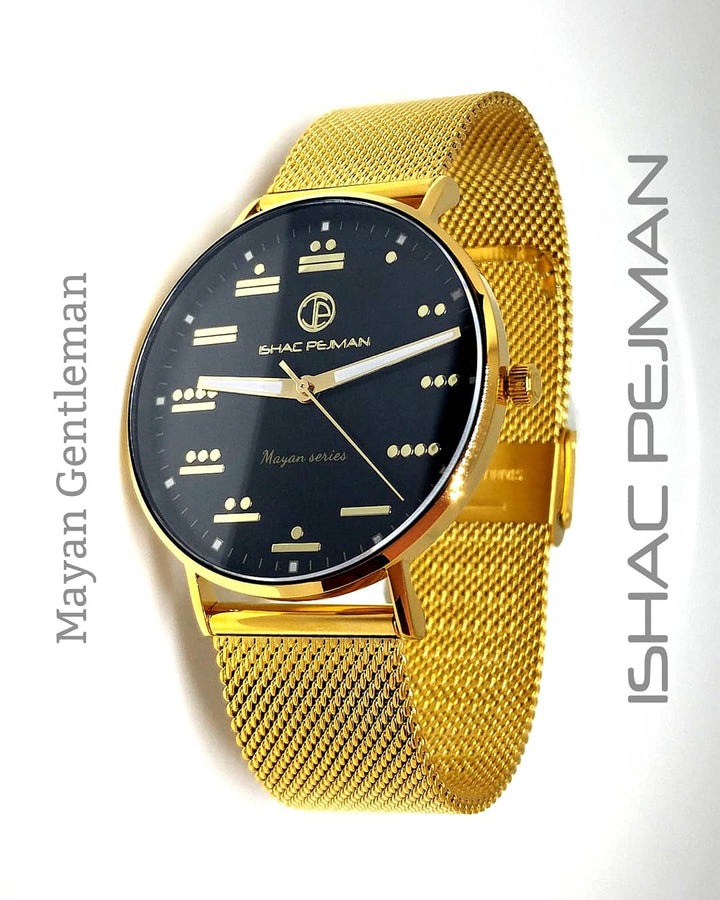 Mayan Gentleman's 5 ATM All Stainless Steel Japan Quartz Watch Gold Case Black Dial