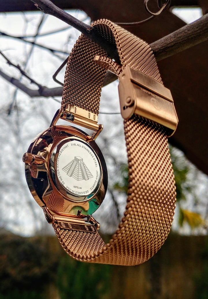 Mayan Lady Elegance's 5 ATM All Stainless Steel Japan Quartz Watch Rose Gold Case Black Dial