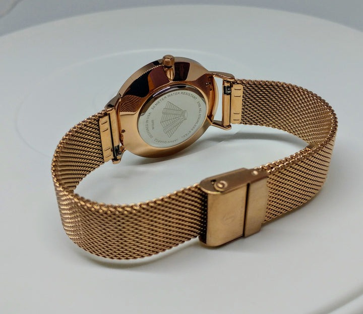 Mayan Lady Elegance's 5 ATM All Stainless Steel Japan Quartz Watch Rose Gold Case Black Dial