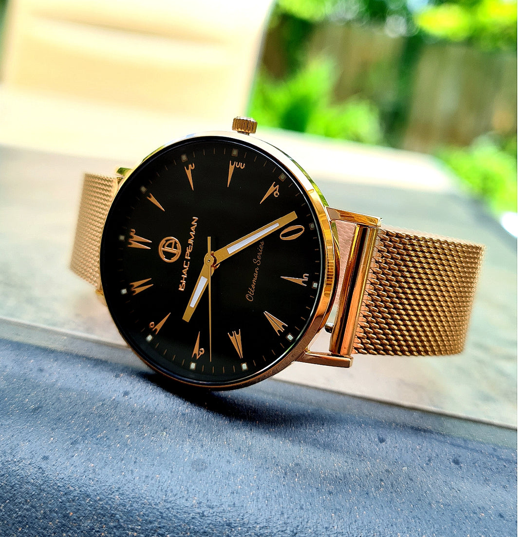 Ottoman Lady Elegance's 5 ATM All Stainless Steel Japan Quartz Watch Rose Gold Case Black Dial