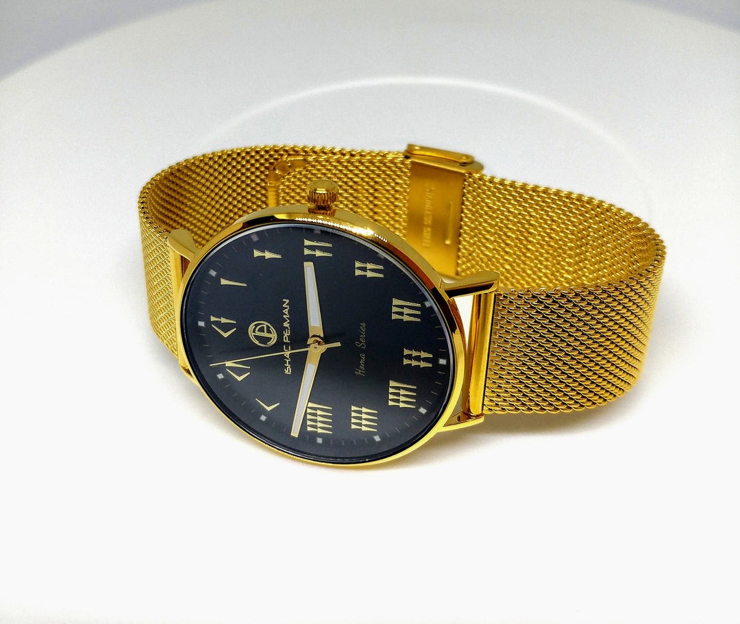 Persian Gentleman's 5 ATM All Stainless Steel Japan Quartz Watch Gold Case Black Dial