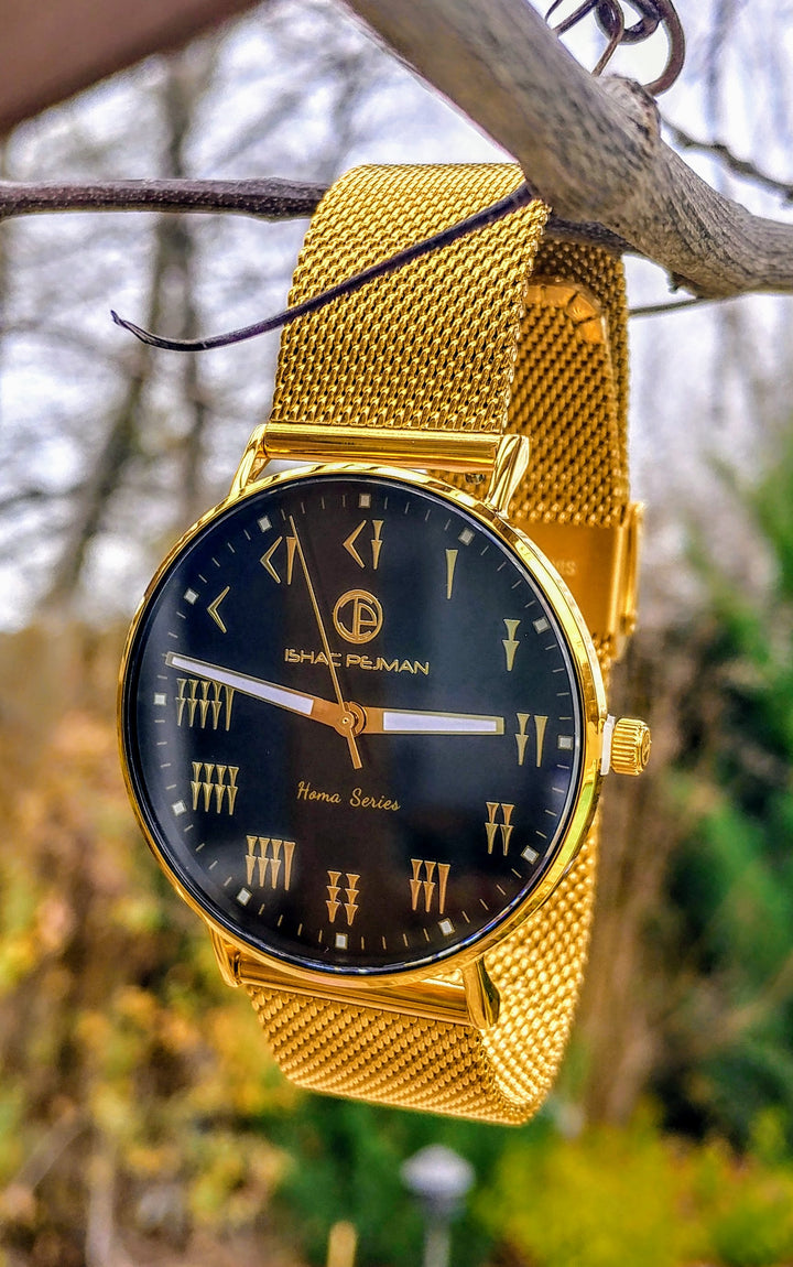 Persian Gentleman's 5 ATM All Stainless Steel Japan Quartz Watch Gold Case Black Dial