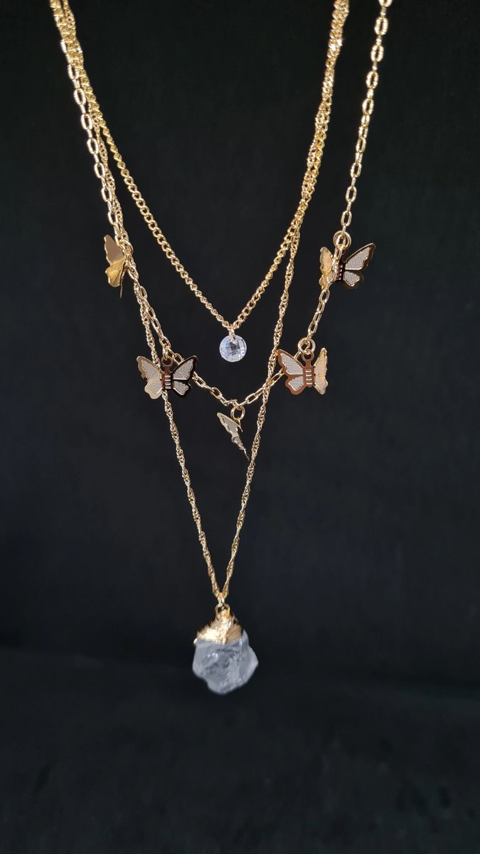 Lady Butterfly Necklace, 14K Gold plated over Stainless Steel Zircon crystals and Natural Stone