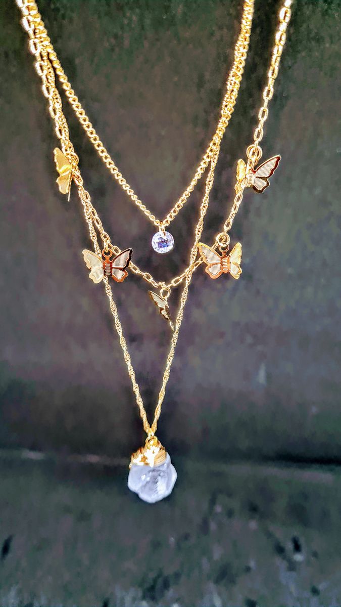 Lady Butterfly Necklace, 14K Gold plated over Stainless Steel Zircon crystals and Natural Stone