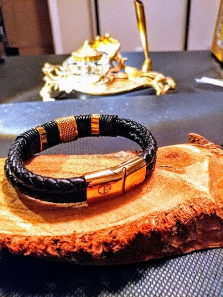 Gentleman Band, Genuine Leather and Stainless Steel, Black Gold