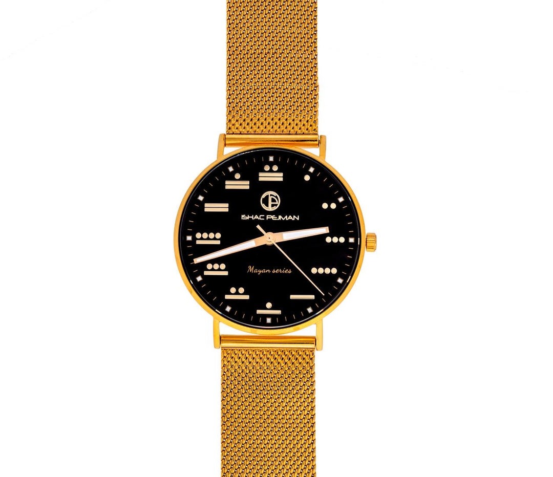 Mayan Gentleman's 5 ATM All Stainless Steel Japan Quartz Watch Gold Case Black Dial
